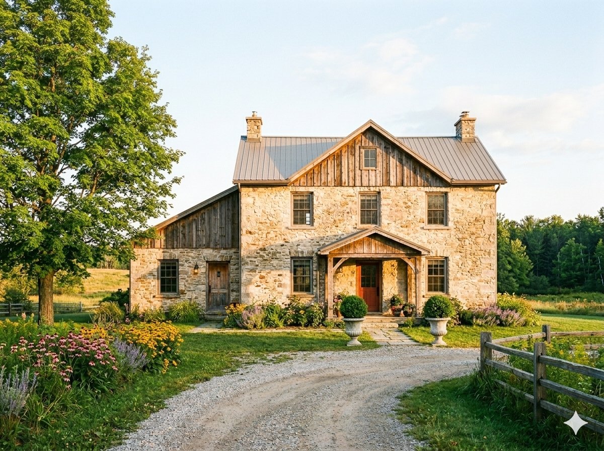 Prince Edward County heritage farmhouse at golden hour